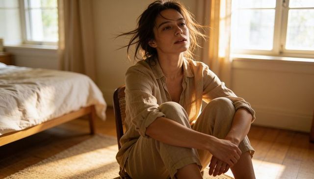 Sunlit minimalist bedroom portrait of woman sitting on chair, contemplative morning mood