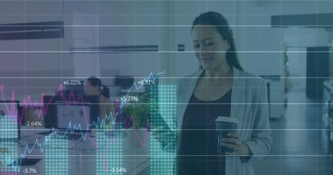 Businesswoman analyzing financial data with stock market trends