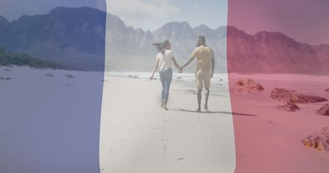Biracial Couple Walking Beach With French Flag Overlay - Download Free Stock Images Pikwizard.com