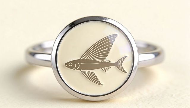 Minimalist silver bezel ring with ivory enamel inlay flying fish motif nautical jewelry