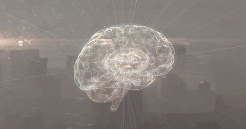 Holographic Brain Network Radiating Neural Links Over Hazy City Skyline for Tech