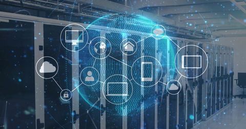 Holographic Digital Globe Visualizing Cloud Connectivity and Cybersecurity Over Server Rack