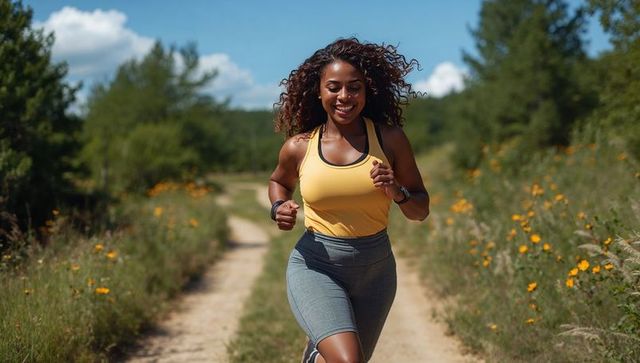 Joyful black woman running on wildflower trail wearing yellow tank top and fitness watch