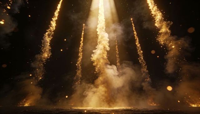 Golden sparks showering in spotlight over circular reflective stage with dramatic smoke