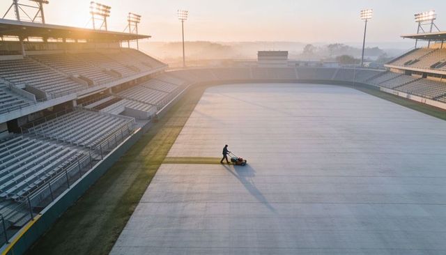 Groundskeeper mowing stadium cover revealing green turf at dawn with floodlights and mist
