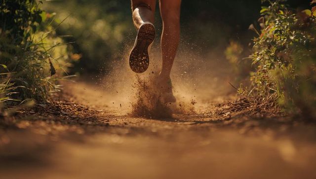 Runner's Legs Kicking Up Dust on Sunlit Forest Trail