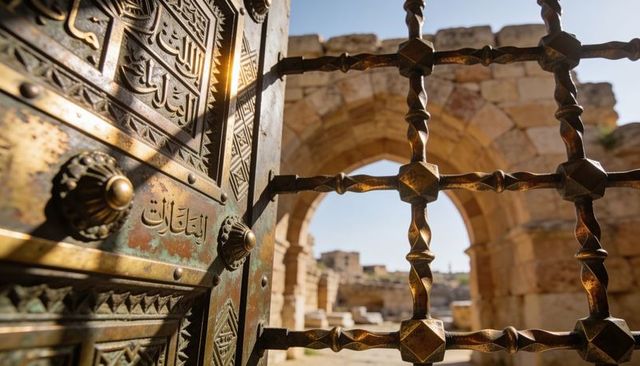 Bronze door catching sunlight with arabic inscriptions and ornate grille at ancient ruins