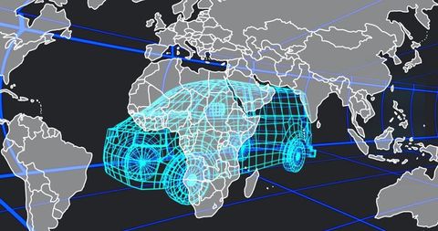 Futuristic wireframe suv over digital world map