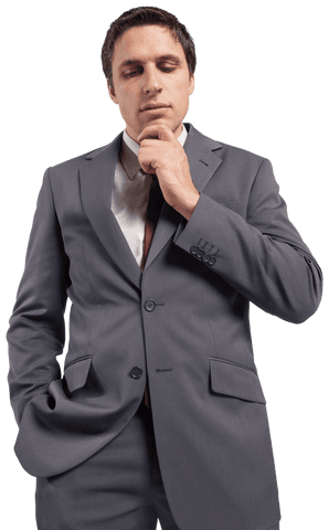 Transparent Suit Clad Businessman Reflecting with Chin on Hand