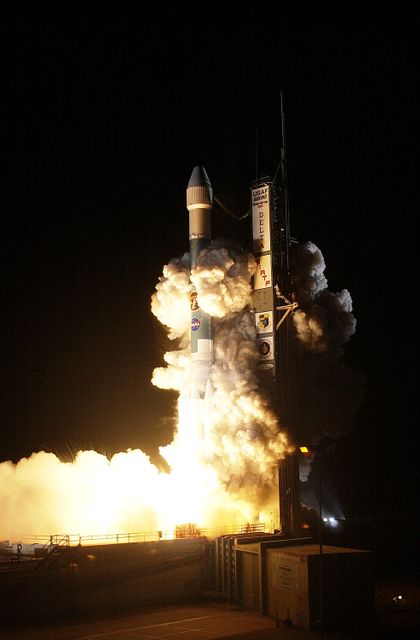 KENNEDY SPACE CENTER, FLA.  -  NASA's Space Infrared Telescope Facility (SIRTF) lifts off from Launch Pad 17-B, Cape Canaveral Air Force Station, on Aug. 25 at 1:35:39 a.m. EDT. SIRTF will obtain images and spectra by detecting the infrared energy, or heat, radiated by objects in space. Consisting of a 0.85-meter telescope and three cryogenically cooled science instruments, SIRTF will be the largest infrared telescope ever launched into space. It is the fourth and final element in NASA’s family of orbiting “Great Observatories.” Its highly sensitive instruments will give a unique view of the Universe and peer into regions of space that are hidden from optical telescopes.