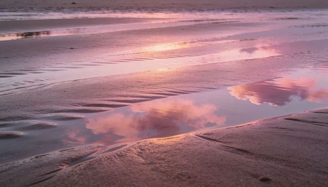 Reflecting pastel clouds on wet sand with shallow tidal pools and gentle ripples