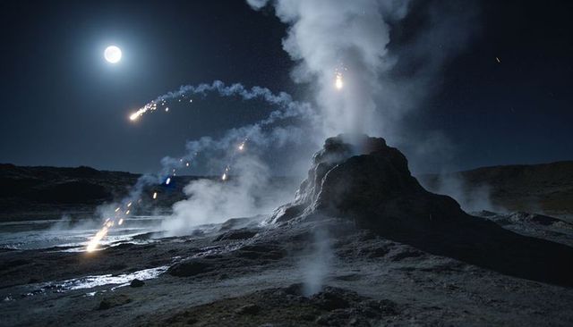 Moonlit geyser cone erupting steam plumes and glowing sparks over geothermal pools