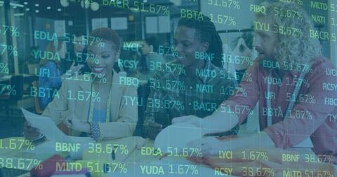 Diverse Team Collaborating on Blueprints with Data Overlay