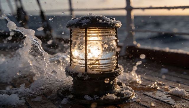 Glowing snow-dusted deck lantern casting warm amber light amid winter sea spray