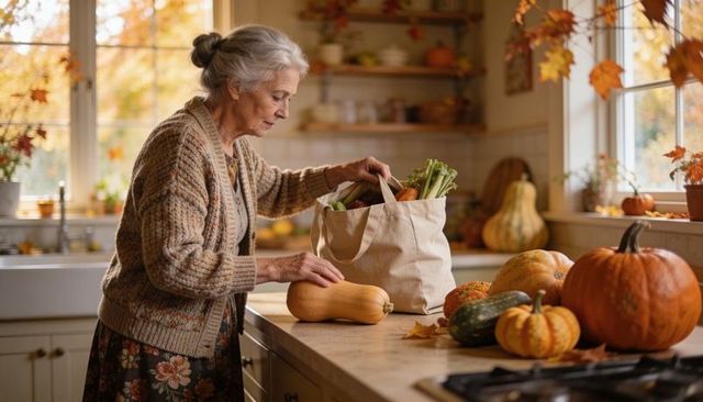 Senior woman unpacking fall harvest in cozy farmhouse kitchen with pumpkins and tote bag