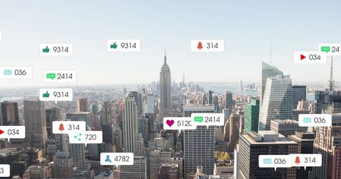 Social Media Engagement Notifications Over City Skyline