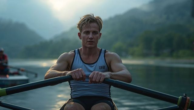 Rowing athlete training at dawn on mountain lake sculler powering through mist