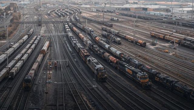 Industrial freight railyard with parallel tracks, diesel locomotives and boxcars