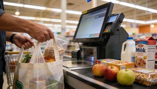 Shopper placing groceries into canvas tote at self-checkout scanning items and paying