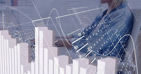 Businesswoman Analyzing Financial Charts with Floating 3D Graphs, Data Panels and Laptop