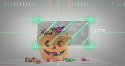 Halloween jack-o'-lantern candy bucket spilling foil treats with futuristic neon hud overlay