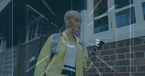 Young woman walking urban street checking smartphone with earbuds and backpack, hud overlay