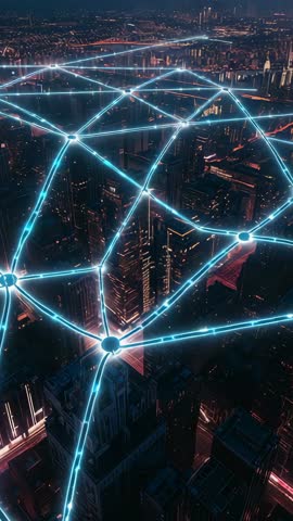 Neon Network Forming Dome Over Futuristic City Skyline Vertical Tech Connectivity Loop
