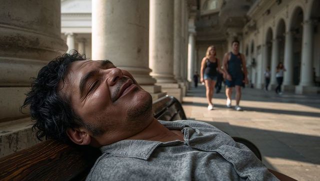 Hispanic man reclining on wooden bench in sunlit historic colonnade with arches, promenade