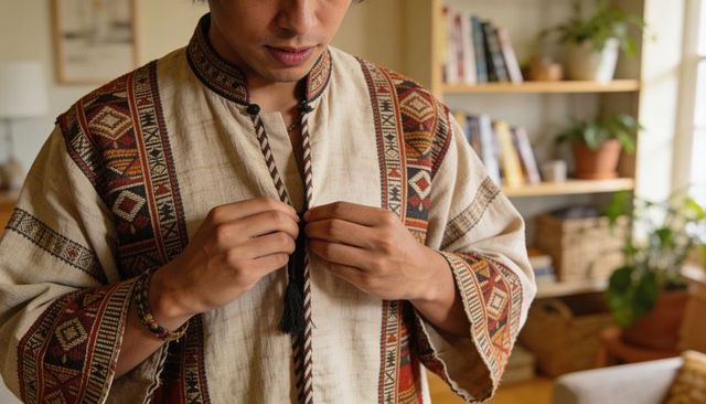 Man fastening embroidered tunic with braided tassel cord, hands closeup, cozy interior