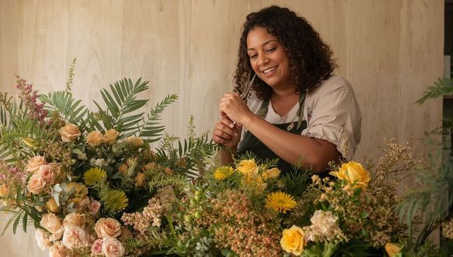 Smiling florist arranging lush peach and yellow rose bouquet with tropical greenery