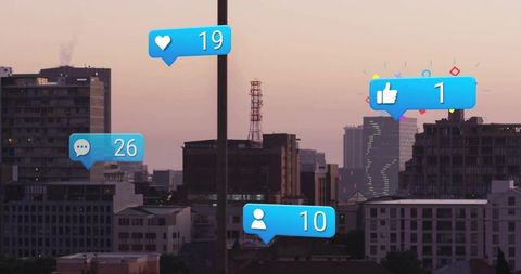 Urban Skyline with Social Media Interaction Icons at Dusk