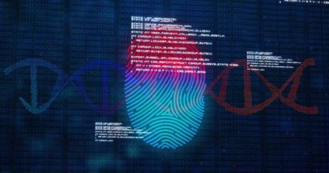 Biometric fingerprint pulsing on cybersecurity interface with dna helix and code overlays