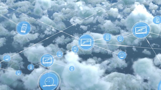 This video visualizes digital network connections and technology concepts with symbols representing different devices interconnected by lines, overlaid on a cloud-filled sky. Ideal for use in presentations and websites focused on cloud computing, global networking, and digital communication topics.