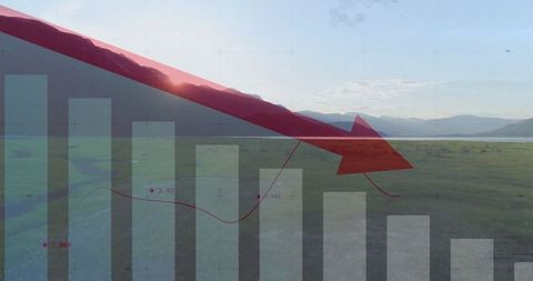 Declining financial trends overlaid on scenic marsh landscape