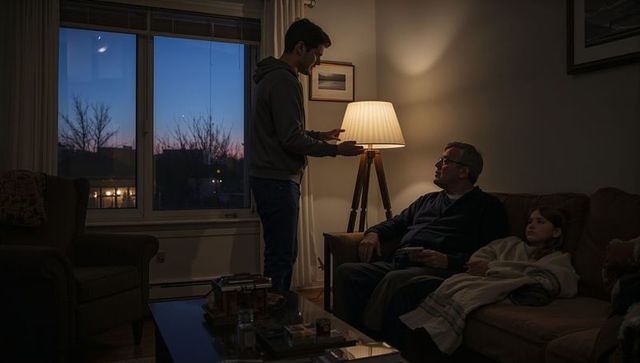 Young man explaining smartphone to grandfather while child rests on couch at dusk