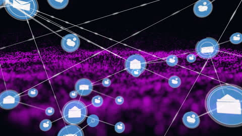 Digital Networking Grid and Communication Symbols on Abstract Purple Wave