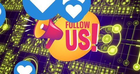 Engaging social media follow us illustration with megaphone and hearts