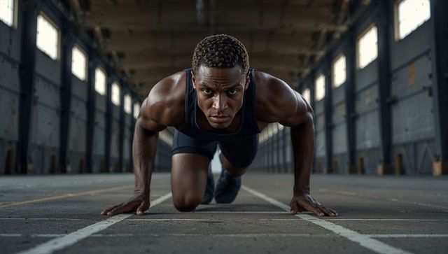 Male sprinter crouching at start on industrial hangar track showing focus and power
