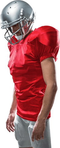 American football player in red jersey wearing helmet on transparent background