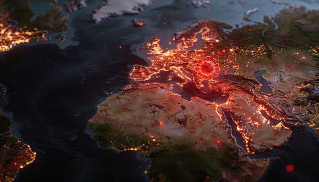 Glowing coronavirus emblem hovering over Europe map highlighting hotspots and data nodes