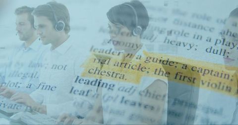 Call center team collaborating with headsets overlaid dictionary highlighting leadership