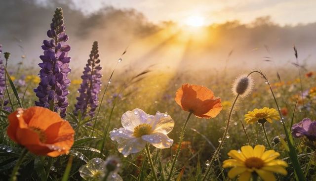 Sunrise dew on wildflowers blooming in misty meadow with poppies, lupins, sun rays
