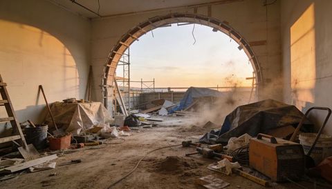 Renovating historic interior with circular arched opening and construction gear