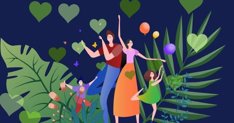 Joyful Family Celebration Amidst Nature Icons