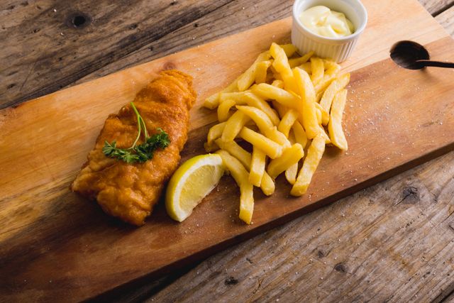 High angle view of a classic fish and chips meal served on a wooden board. The dish includes a piece of fried fish garnished with parsley, a lemon wedge, and a side of crispy french fries with a small container of sauce. Ideal for use in food blogs, restaurant menus, culinary websites, and advertisements promoting traditional comfort food.