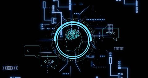 Neon ai brain interface connecting digital networks, pulsing head with chat circuits