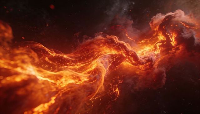 Luminous plasma ribbon flowing through cosmic nebula, fiery embers and turbulent glow
