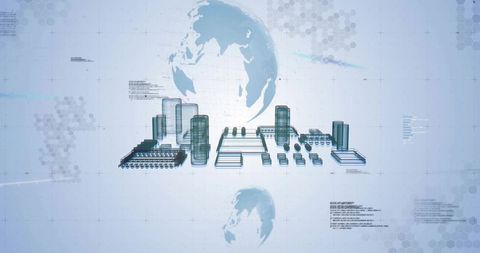 Floating 3D Industrial Complex Wireframe Over Global Tech Grid Blueprint