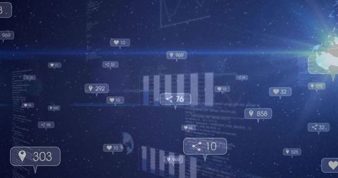 Futuristic Holographic Data Network Dashboard Floating UI Tags, Bars, Glowing Globe
