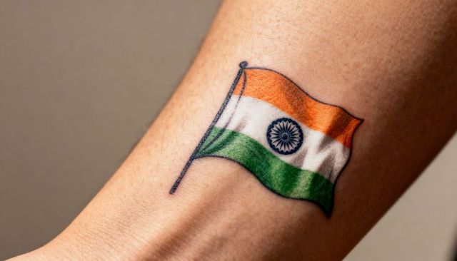 Waving indian flag tattoo on forearm showing tricolor ashoka chakra patriotism